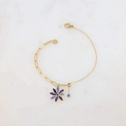 Bracelet avec maille, petite boule, fleur émaillée et strass