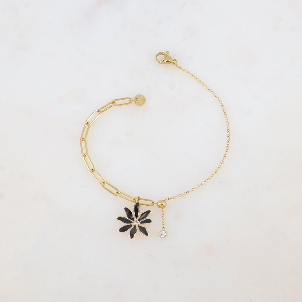 Bracelet avec maille, petite boule, fleur émaillée et strass
