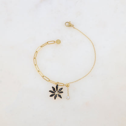 Bracelet avec maille, petite boule, fleur émaillée et strass