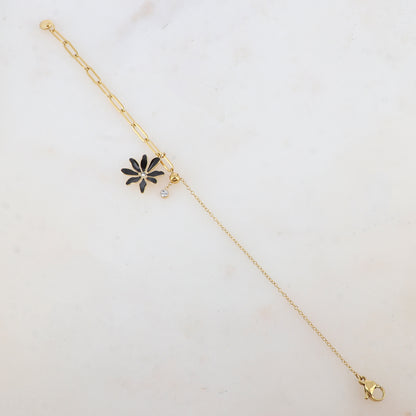 Bracelet avec maille, petite boule, fleur émaillée et strass