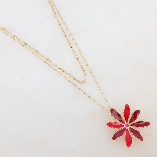 Collier 2 rangs avec pendentif fleur émaillée et strass (39/44+7CM)