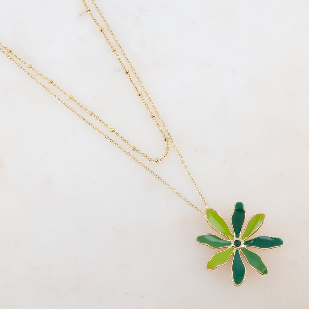 Collier 2 rangs avec pendentif fleur émaillée et strass (39/44+7CM)