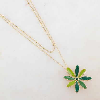 Collier 2 rangs avec pendentif fleur émaillée et strass (39/44+7CM)