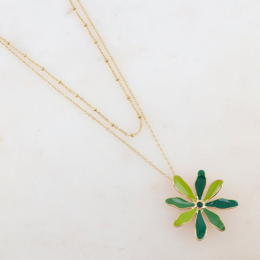 Collier 2 rangs avec pendentif fleur émaillée et strass (39/44+7CM)