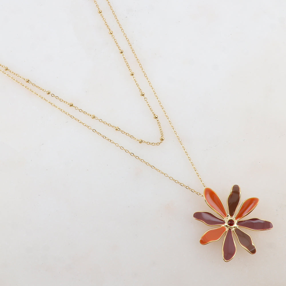 Collier 2 rangs avec pendentif fleur émaillée et strass (39/44+7CM)