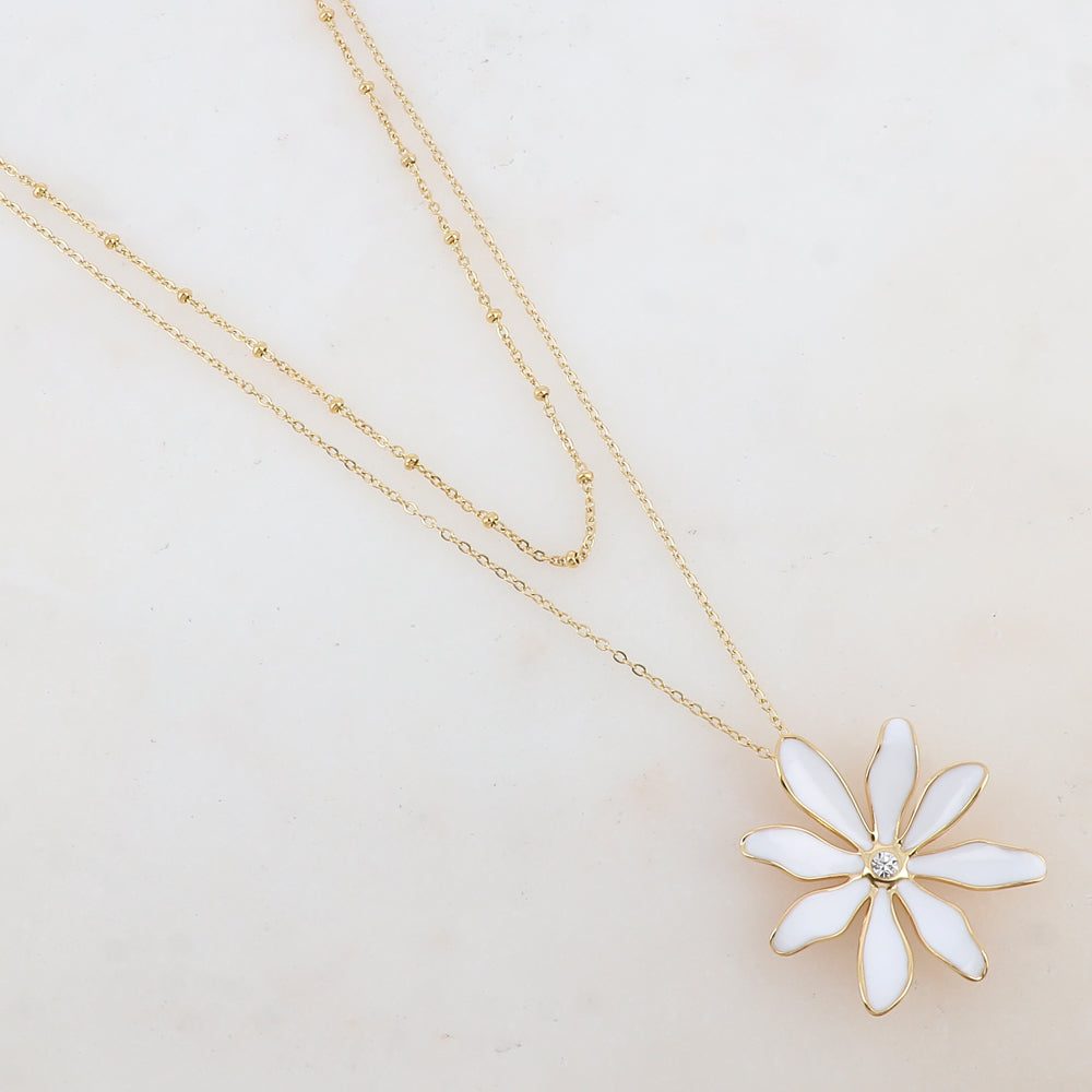 Collier 2 rangs avec pendentif fleur émaillée et strass (39/44+7CM)