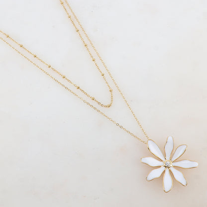 Collier 2 rangs avec pendentif fleur émaillée et strass (39/44+7CM)