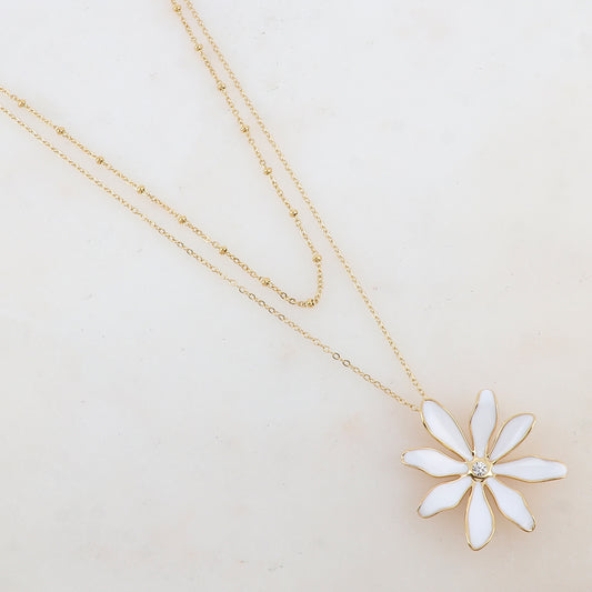 Collier 2 rangs avec pendentif fleur émaillée et strass (39/44+7CM)