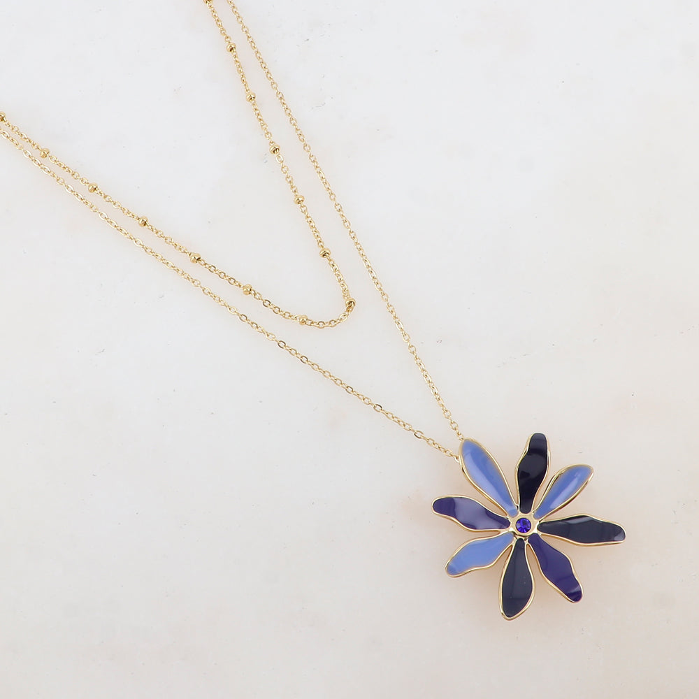Collier 2 rangs avec pendentif fleur émaillée et strass (39/44+7CM)