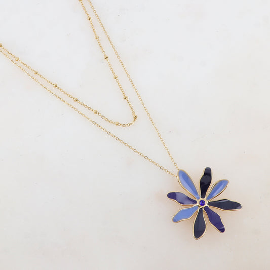 Collier 2 rangs avec pendentif fleur émaillée et strass (39/44+7CM)