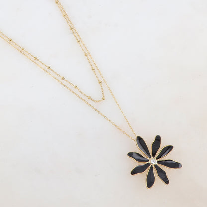 Collier 2 rangs avec pendentif fleur émaillée et strass (39/44+7CM)
