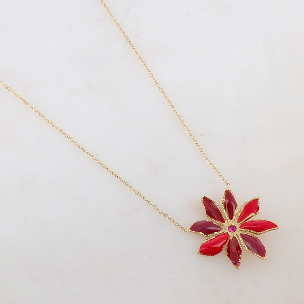 Collier avec pendentif fleur émaillée et strass (39+7CM)
