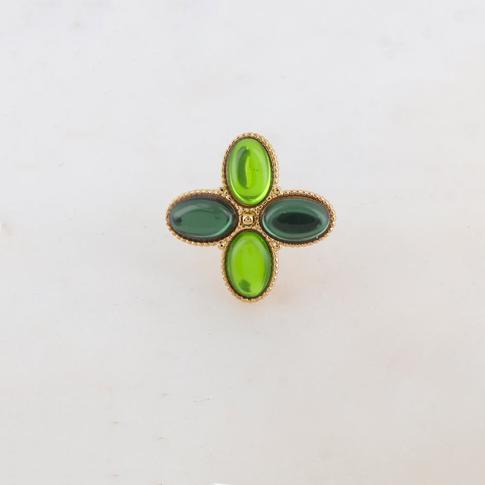 Bague fine réglable avec 4 pâtes de verres ovales - Vert mix