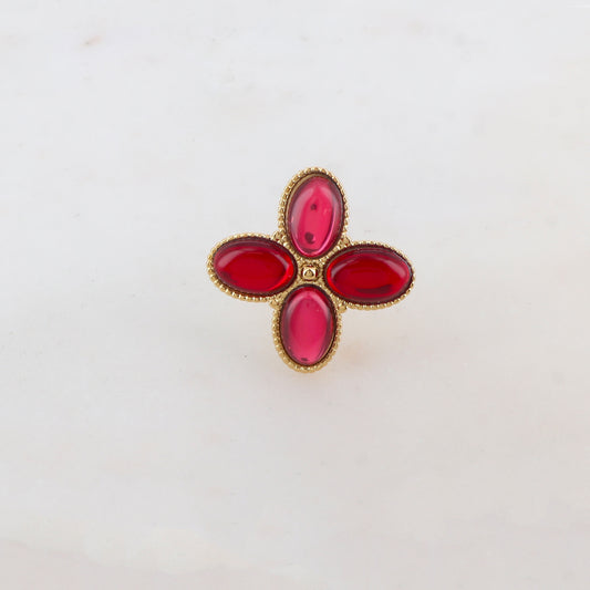 Bague fine réglable avec 4 pâtes de verres ovales - Rouge mix
