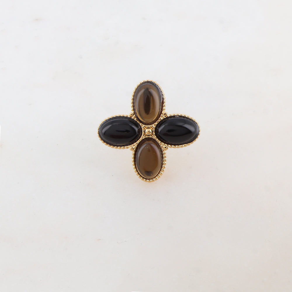 Bague fine réglable avec 4 pâtes de verres ovales - Noir mix