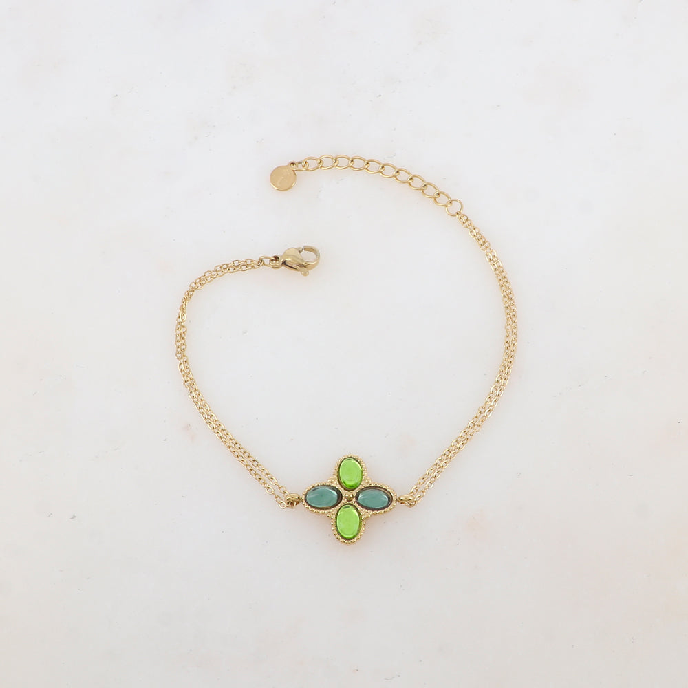 Bracelet deux rangs avec pièce ornée de 4 pâtes de verre