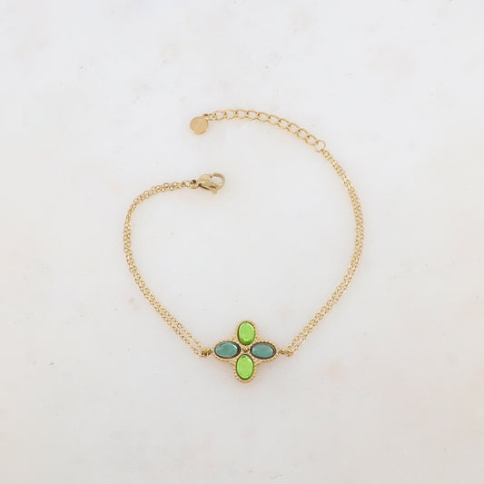 Bracelet deux rangs avec pièce ornée de 4 pâtes de verre