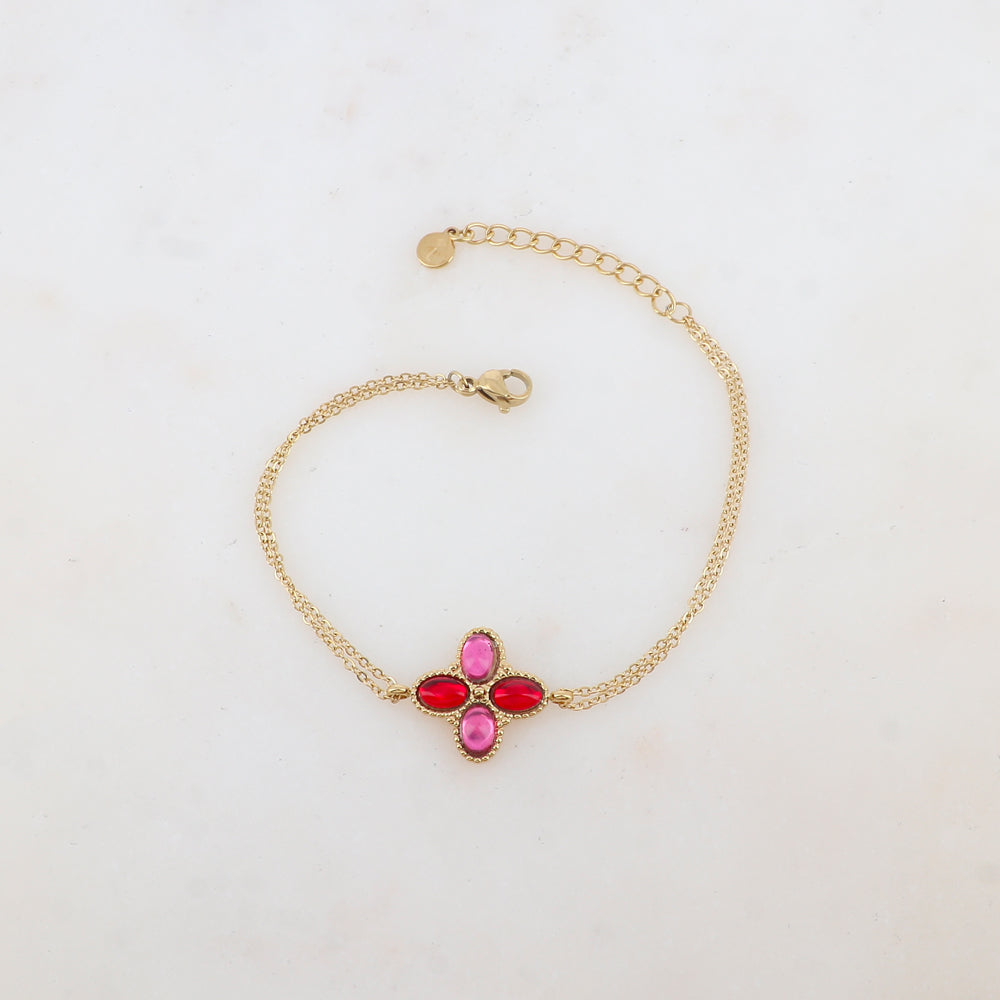 Bracelet deux rangs avec pièce ornée de 4 pâtes de verre