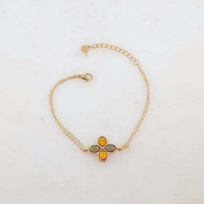 Bracelet deux rangs avec pièce ornée de 4 pâtes de verre