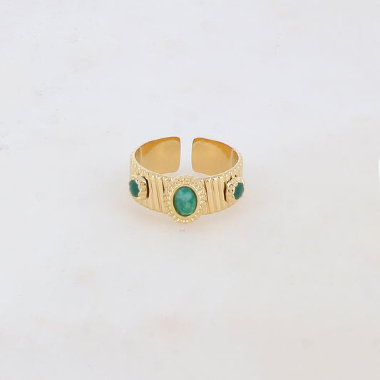 Bague avec 2 pièces émaillées et pierre naturelle - Aventurine