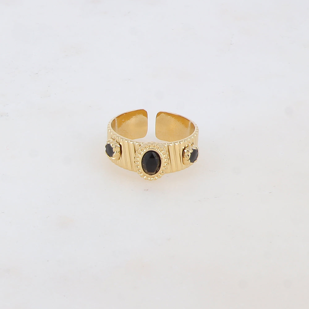 Bague avec 2 pièces émaillées et pierre naturelle - Onyx