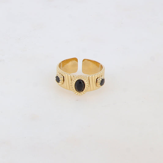Bague avec 2 pièces émaillées et pierre naturelle - Onyx