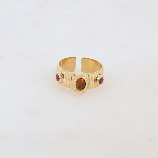 Bague avec 2 pièces émaillées et pierre naturelle - Œil de tigre