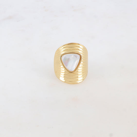 Bague avec rainures et pierre naturelle - Nacre