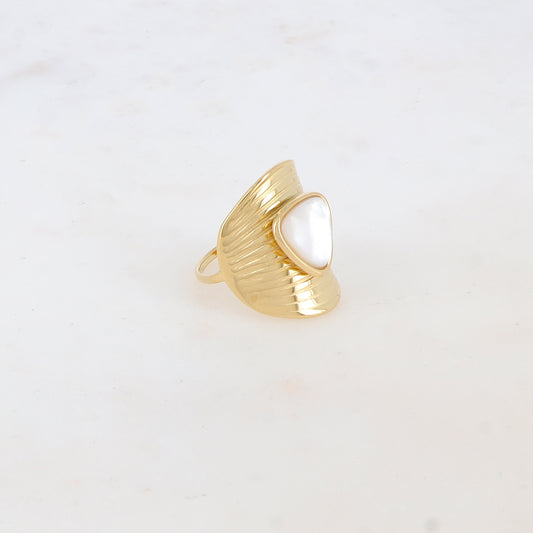 Bague avec rainures et pierre naturelle - Nacre