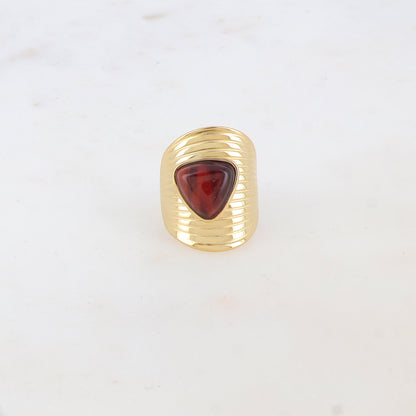 Bague avec rainures et pierre naturelle - Œil de tigre