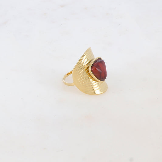 Bague avec rainures et pierre naturelle - Œil de tigre