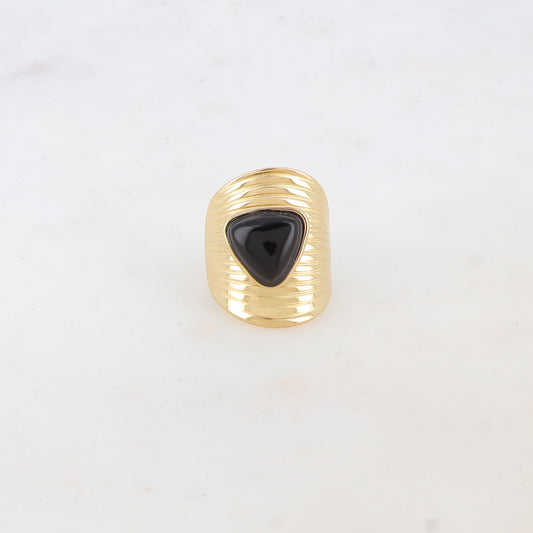 Bague avec rainures et pierre naturelle - Onyx