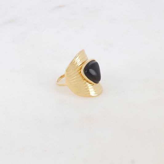 Bague avec rainures et pierre naturelle - Onyx