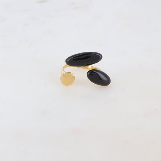 Bague fine avec pièce ronde et 2 pièces ovales émaillées - Noir