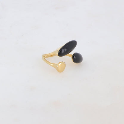 Bague fine avec pièce ronde et 2 pièces ovales émaillées - Noir