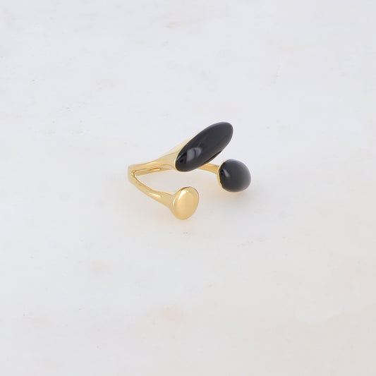 Bague fine avec pièce ronde et 2 pièces ovales émaillées - Noir