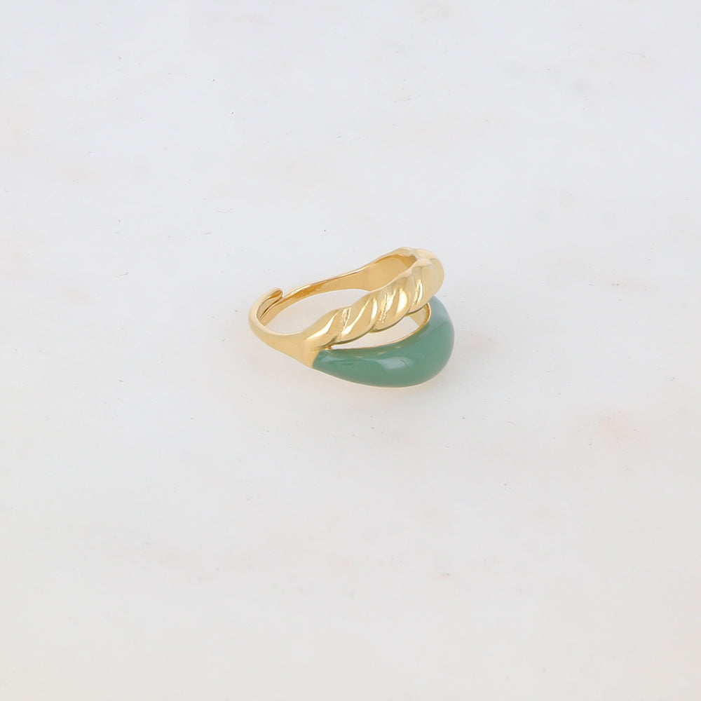 Bague ajustable 2 rangs avec émail lisse et un effet torsadé - Vert
