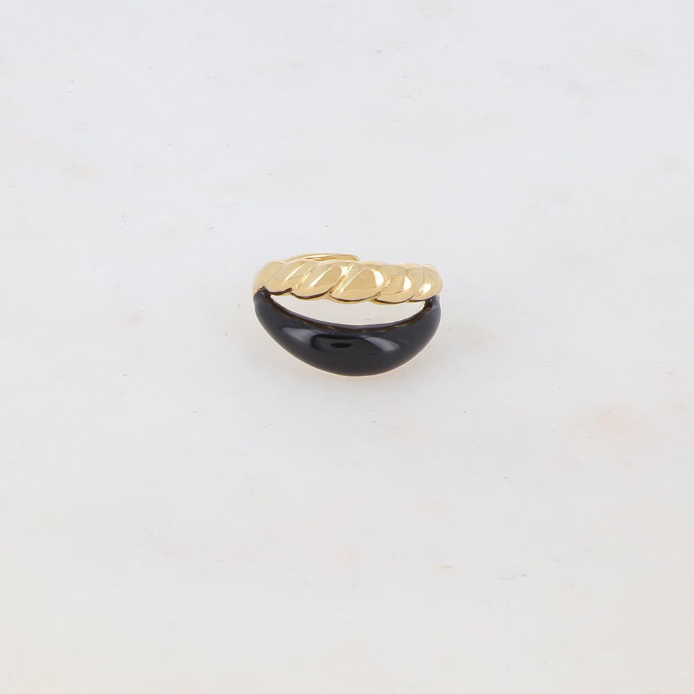 Bague ajustable 2 rangs avec émail lisse et un effet torsadé - Noir
