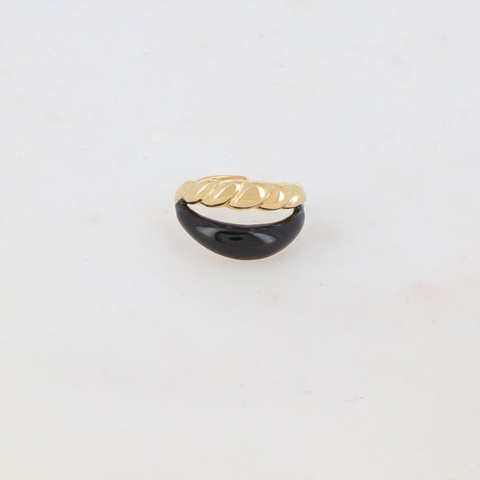 Bague ajustable 2 rangs avec émail lisse et un effet torsadé - Noir