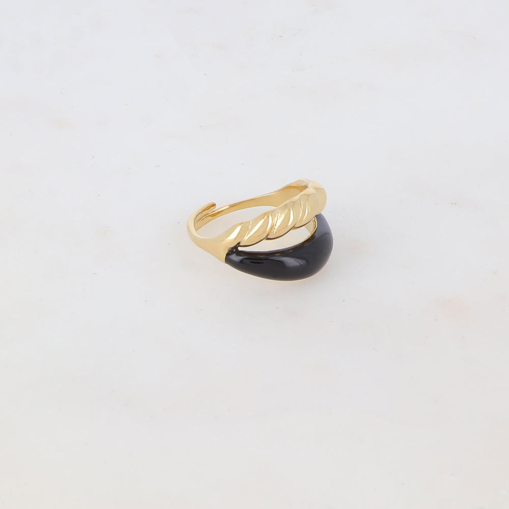 Bague ajustable 2 rangs avec émail lisse et un effet torsadé - Noir