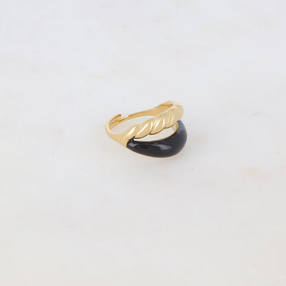Bague ajustable 2 rangs avec émail lisse et un effet torsadé - Noir