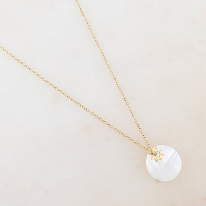 Collier avec pendentif rond en nacre blanche, pampille étoile (40+5CM)
