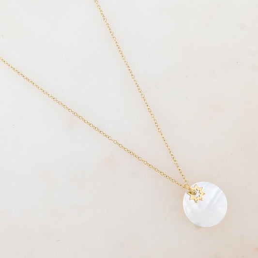 Collier avec pendentif rond en nacre blanche, pampille étoile (40+5CM)