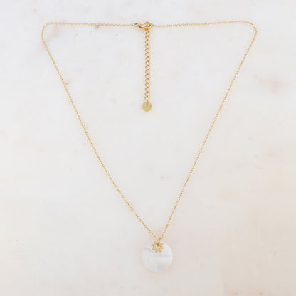 Collier avec pendentif rond en nacre blanche, pampille étoile (40+5CM)