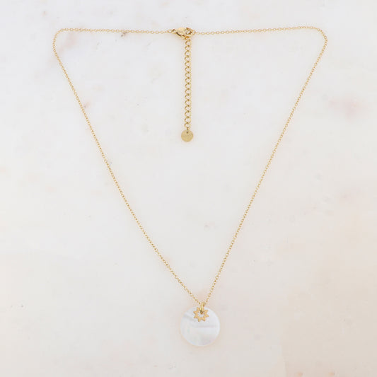 Collier avec pendentif rond en nacre blanche, pampille étoile (40+5CM)