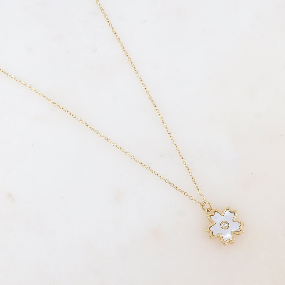 Collier avec pendentif fleur nacrée, strass blanc (40+5CM)