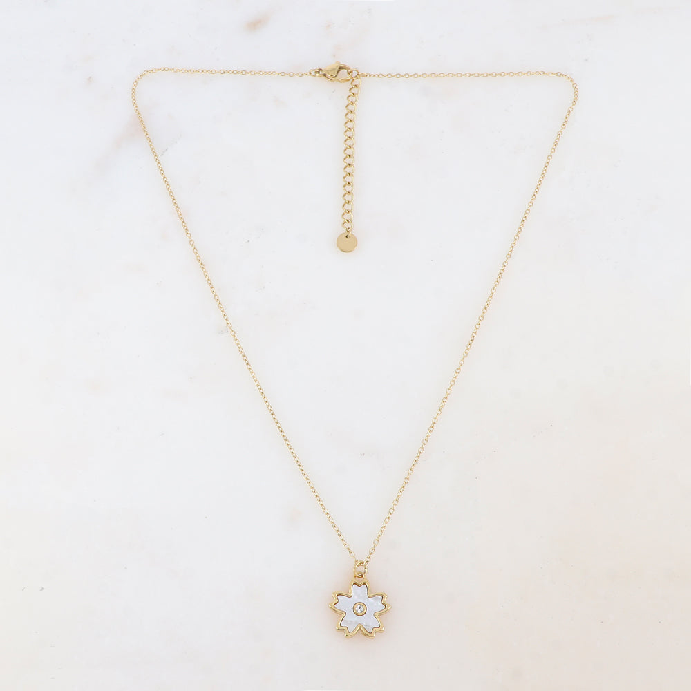 Collier avec pendentif fleur nacrée, strass blanc (40+5CM)