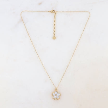 Collier avec pendentif fleur nacrée, strass blanc (40+5CM)