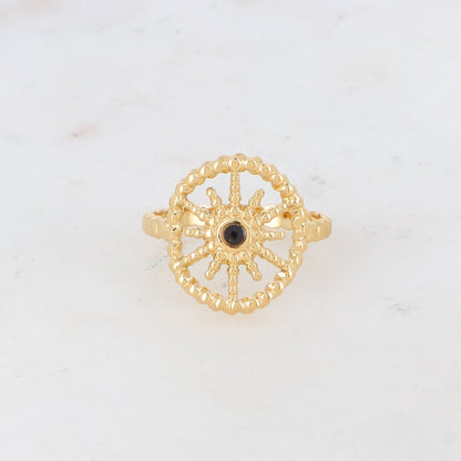 Bague avec cabochon soleil et zircons - Noir