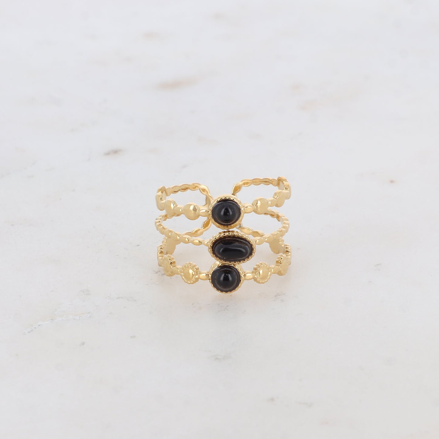 Bague 3 rangs avec petits ronds et pierres naturelles - Onyx noire
